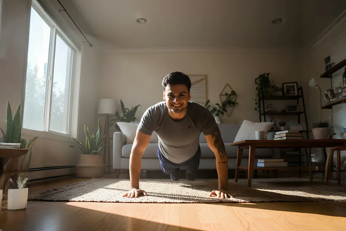 A man doing a push-up on the floor of a sunlit living room